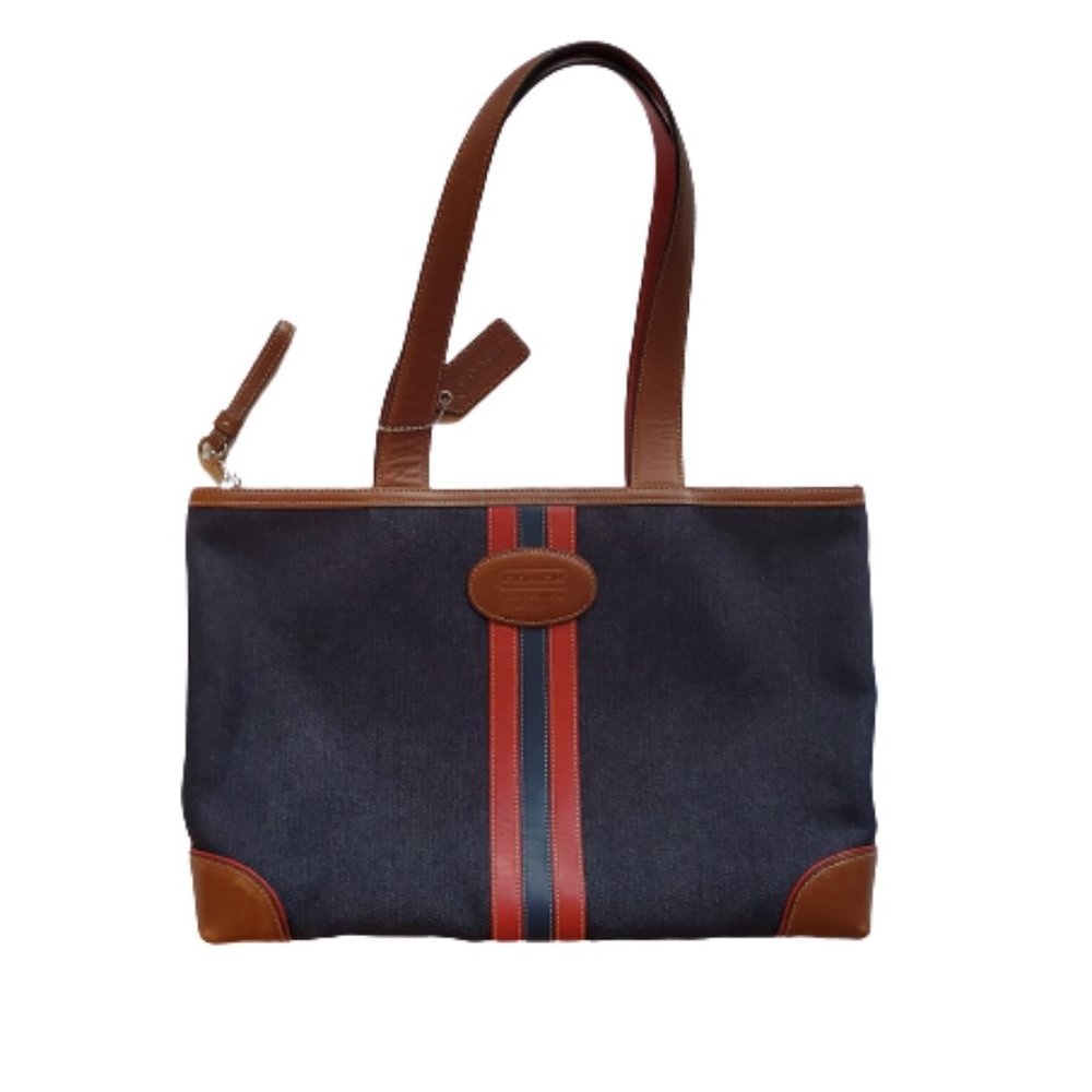 COACH Vintage Varsity Stripe Denim & Leather City Tote